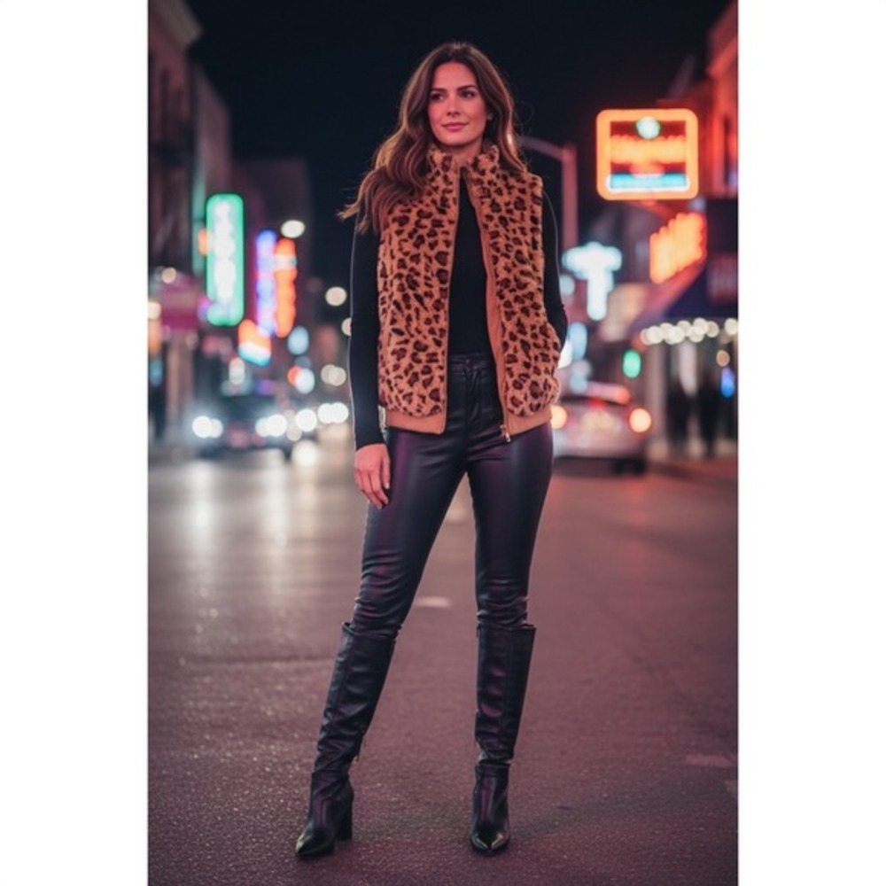 Unbranded Leopard Print Faux‎ Fur Vest Women Size M Brown Excellent Teddy Zip Up